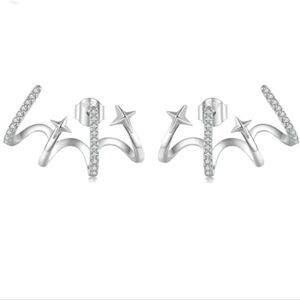 Platinum Plated Shooting Stars Earring Stud Cuff CZ